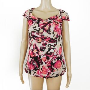 Sarah Spencer Y2k Pink Black Abstract Floral Ruffle Shoulder Tank Top